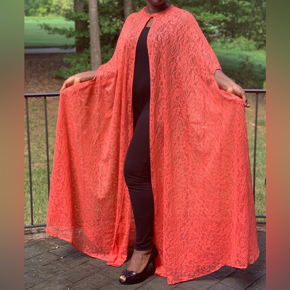 Handmade Orange Lace Open Front Kaftan Circle Maxi Dress